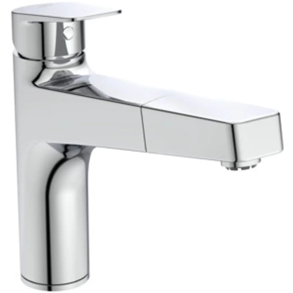 Küchenarmatur in Chrom, hergestellt von Ideal Standard. Das Design zeigt einen niedrig angebrachten Auslauf mit einem klaren, funktionalen Ansatz.